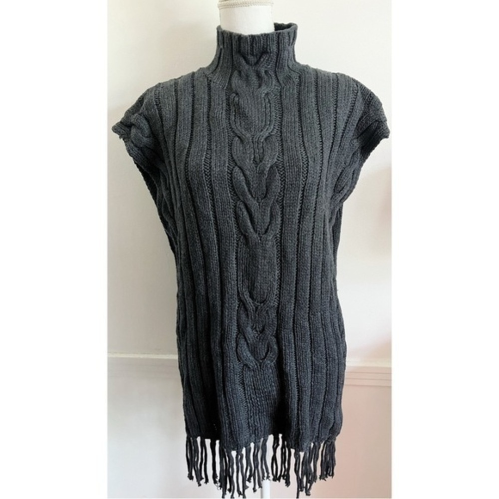 525 America • Charcoal Grey Mock Neck Short Sleeve Fringe Sweater